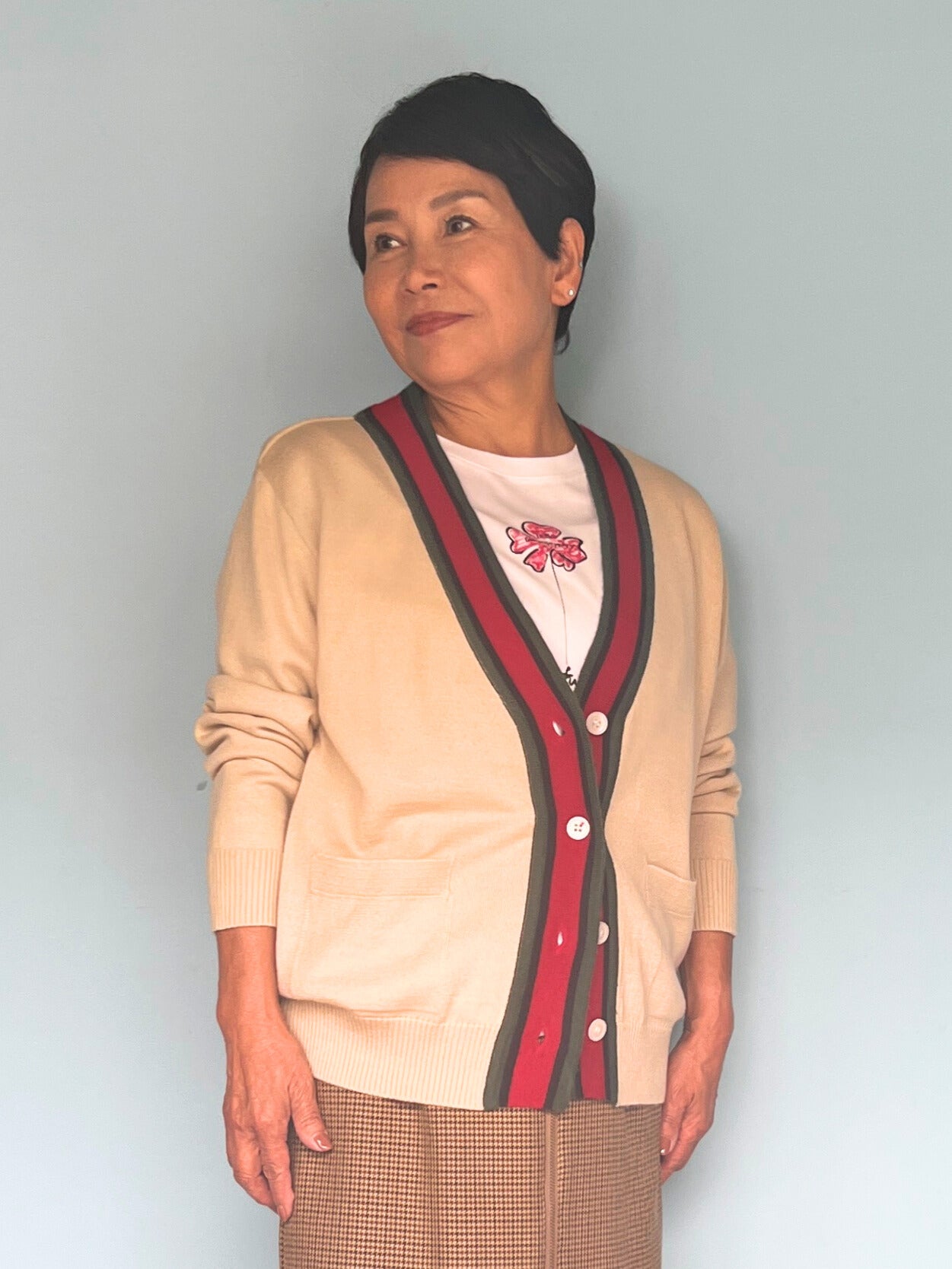 ライトカーディガン 白×赤