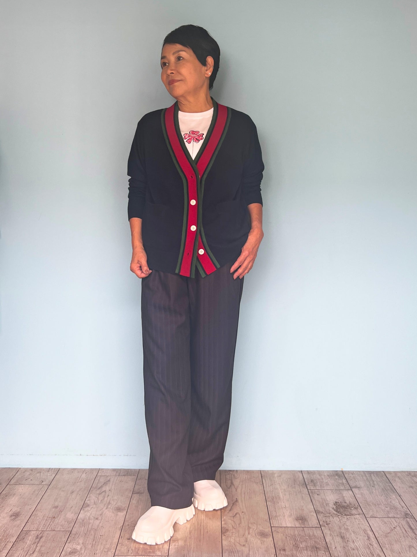 ライトカーディガン ネイビー×赤