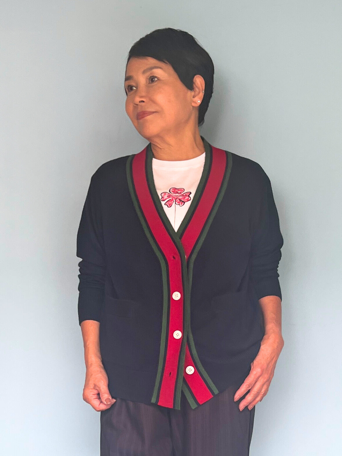 ライトカーディガン ネイビー×赤